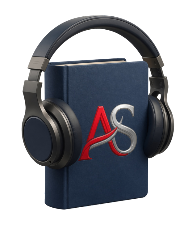 AuthorShelf audiobook: hardcover with the AS logo wearing over-ear headphones