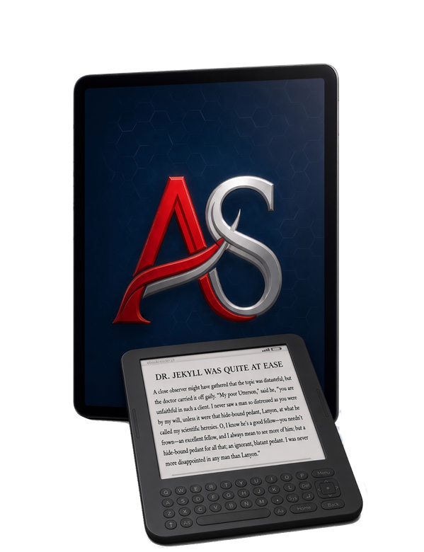 AuthorShelf eBook: tablet showing the AS logo and an e-reader displaying a sample manuscript